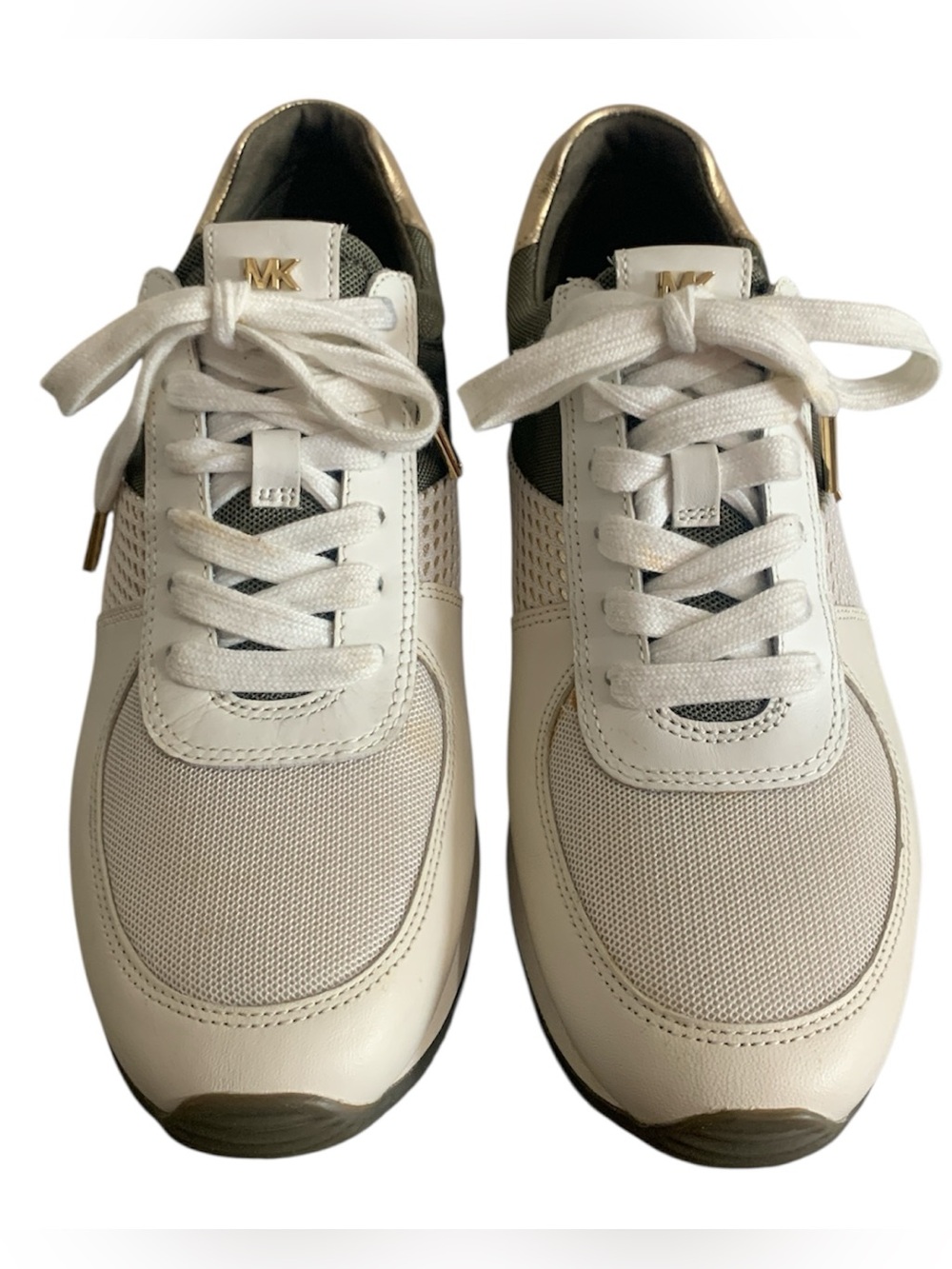 Michael Kors Cream/Olive Green and Gold Accent Mesh Low-Top Sneakers 8.5 - Picture 3 of 10